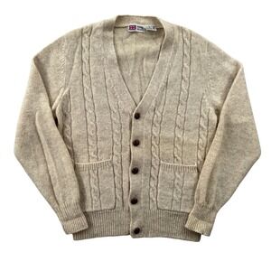 VTG 80s Royal Scott Shetland Wool Cable Knit Cardigan Men M Cream Grandpa Grunge